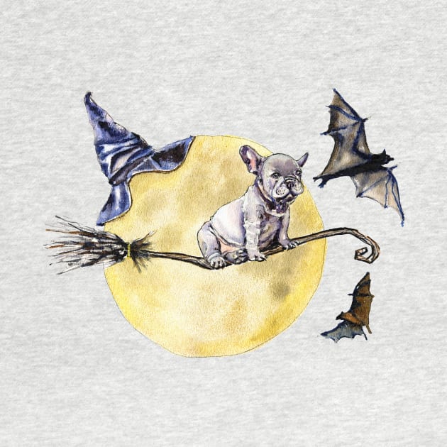 Halloween theme bulldog on a broomstick by victoriazavyalova_art